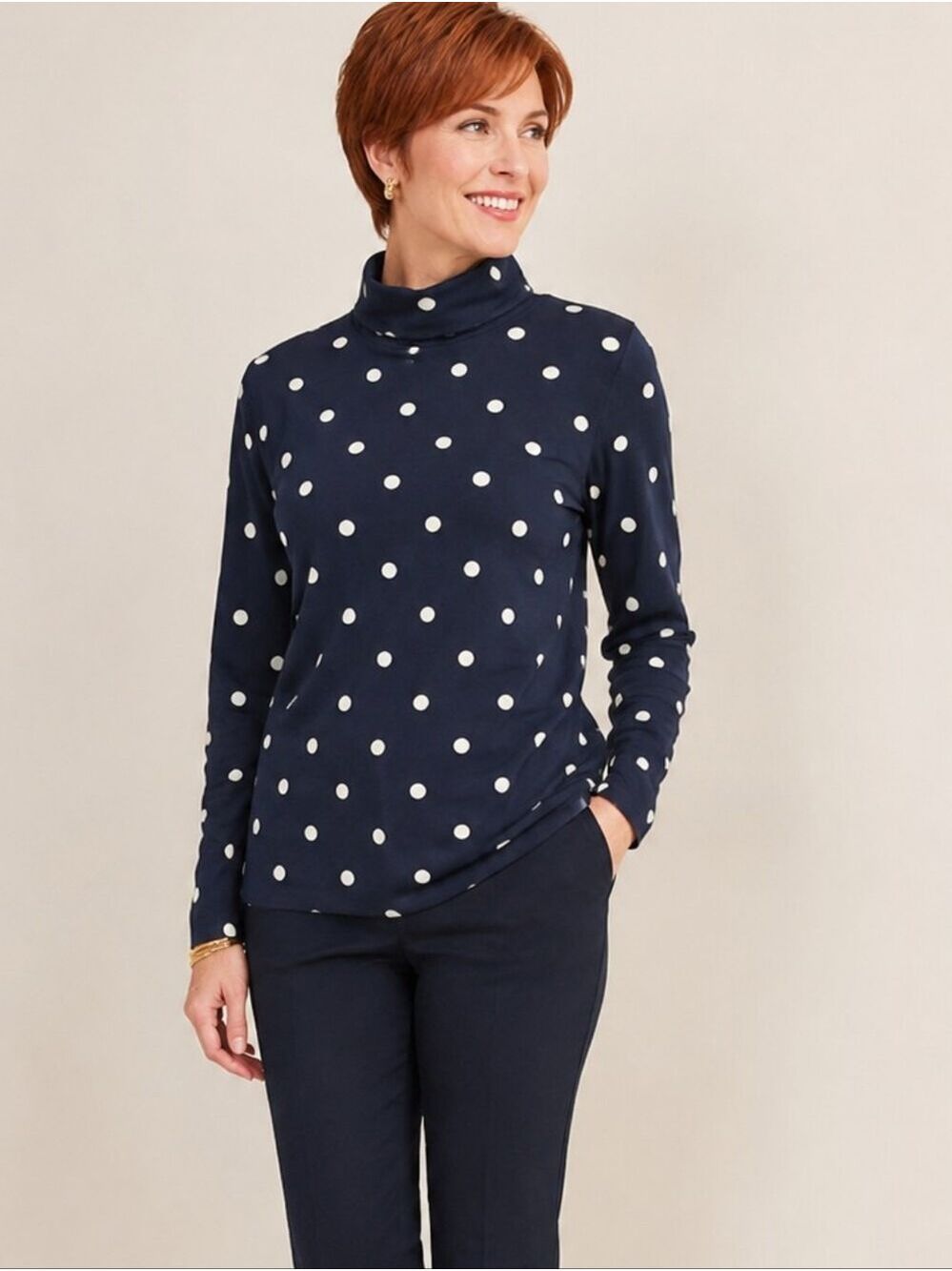 Talbots Navy Polka Dot Turtleneck Top Large Cotton Stretch